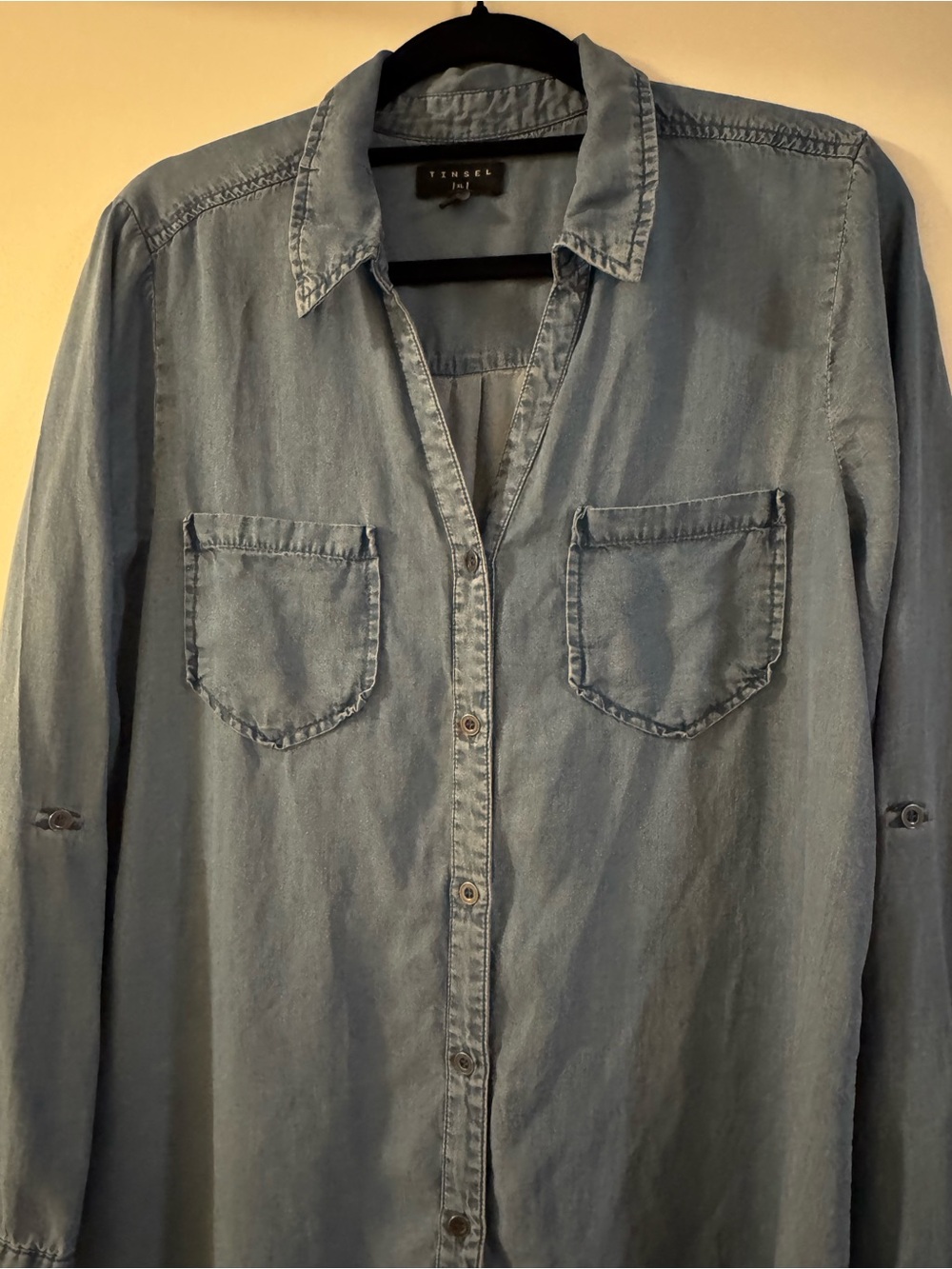 Tinsel Women's Blue Solid Denim Shirt Dress Collared Button Front Knee XL